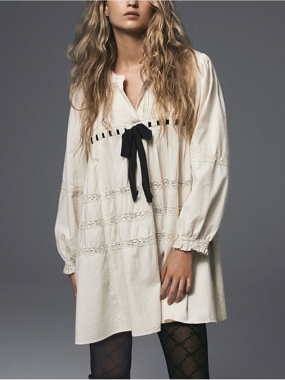 Free People Tea Time Babydoll Mini Dress NWT Cream Cotton Brown Velvet Tie S